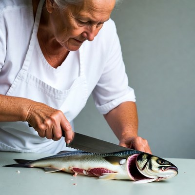 Elderly woman filleting fish