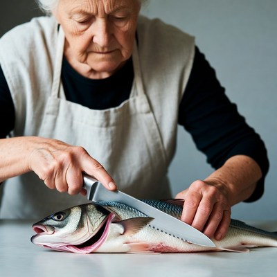Elderly woman filleting fish