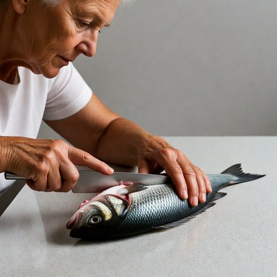 Elderly woman filleting fish