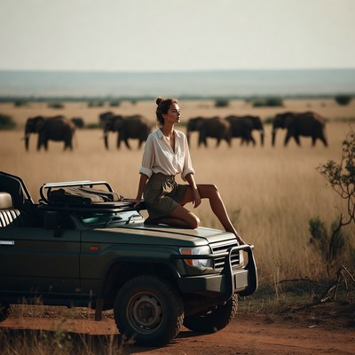 Woman on Jeep with Elephants in Savanna