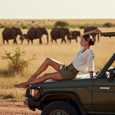 Woman on Jeep with Elephants in Savanna