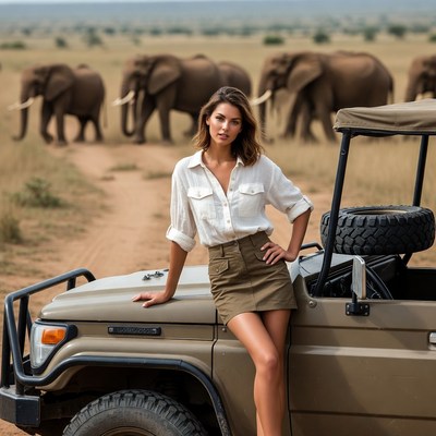 Woman leaning on safari jeep with elephants