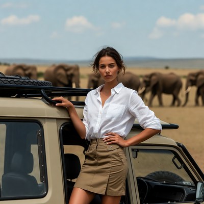 Woman leaning on safari jeep with elephants