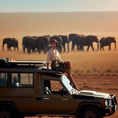 Woman sitting on safari jeep with elephants