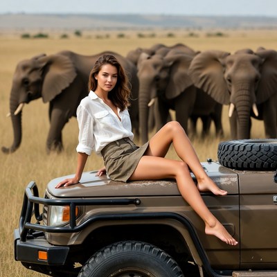 Woman on Jeep with Elephants