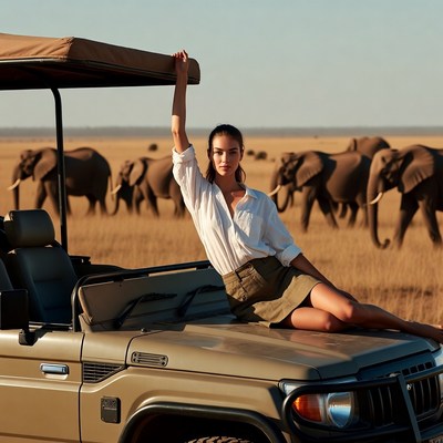 Woman posing on safari jeep with elephants