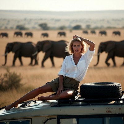 Blonde woman posing on safari jeep with elephants