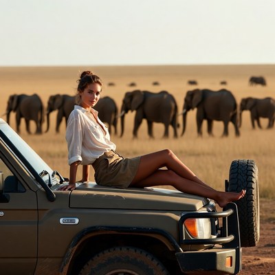 Woman sitting on safari jeep with elephants