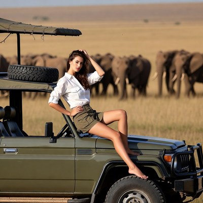 Woman posing on safari jeep with elephants