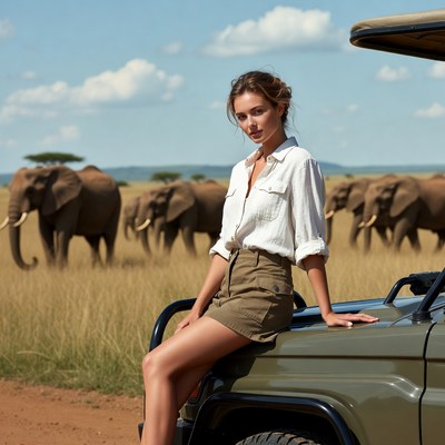 Woman on safari jeep with elephants