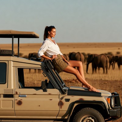 Woman on safari jeep with elephants