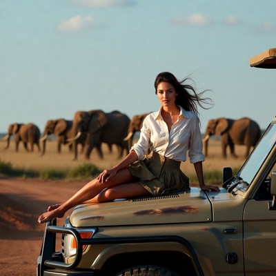 Woman on safari jeep with elephants