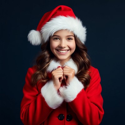 Girl smiling in Santa hat and coat