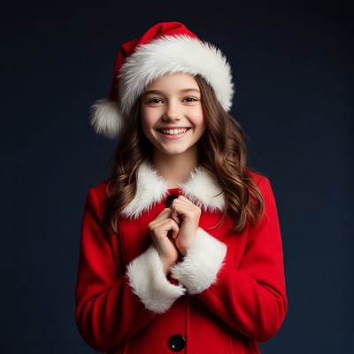 Smiling girl in Santa hat and red coat