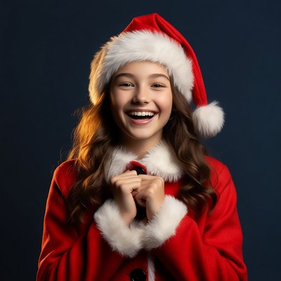 Girl smiling in Santa hat and coat