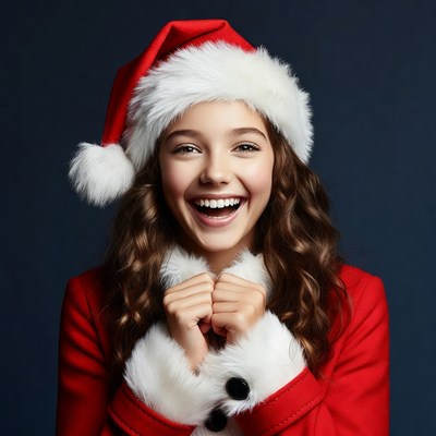 Girl smiling in Santa hat and coat