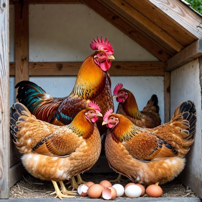 Chickens nesting with eggs in coop