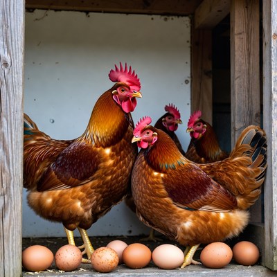 Chickens with Eggs in Wooden Coop