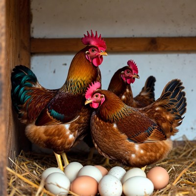 Chickens with Eggs in Coop