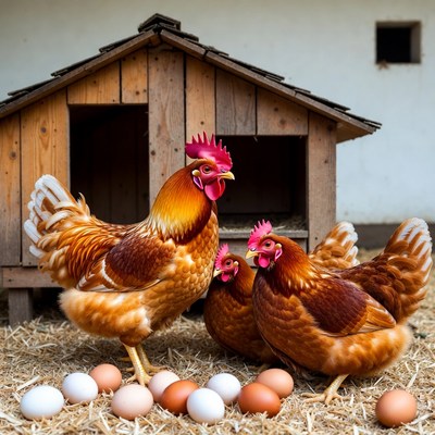 Chickens and eggs near coop