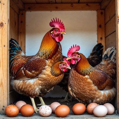 Three Chickens with Eggs in Wooden Crate