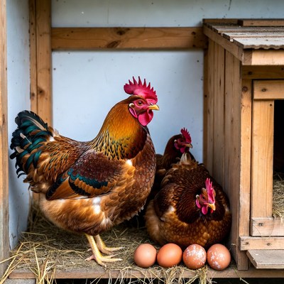 Rooster and hens with eggs in coop