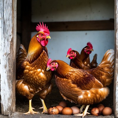 Chickens and eggs in coop