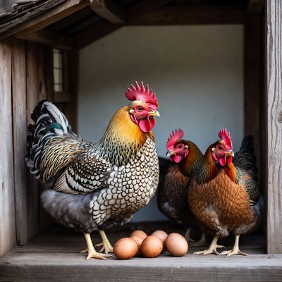 Roosters and hens with eggs in coop