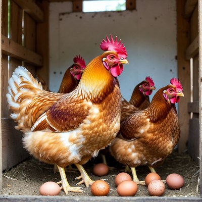 Chickens and eggs in wooden coop