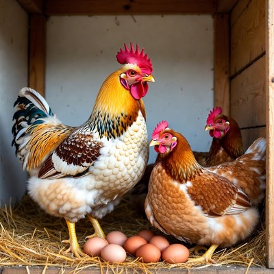 Rooster with hens and eggs in coop
