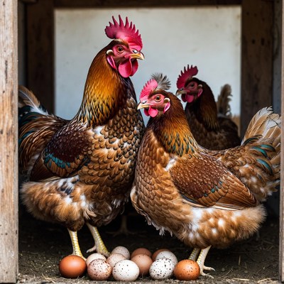 Chickens with Eggs in Coop