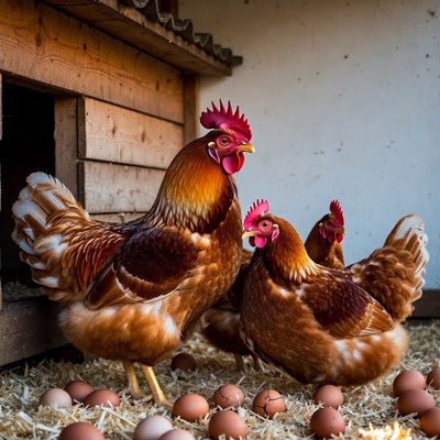 Chickens laying eggs in coop