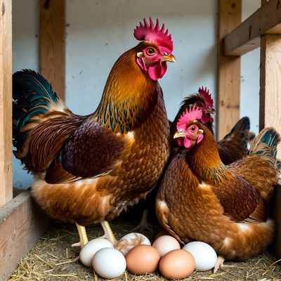 Rooster and hens with eggs in coop
