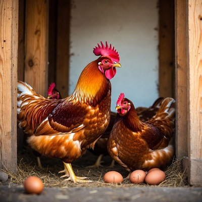 Rooster and hens with eggs in coop