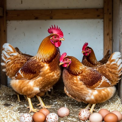 Chickens with Eggs in Coop