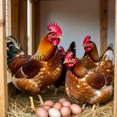 Chickens with Eggs in Wooden Coop