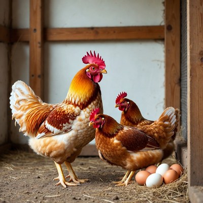 Chickens with eggs in coop