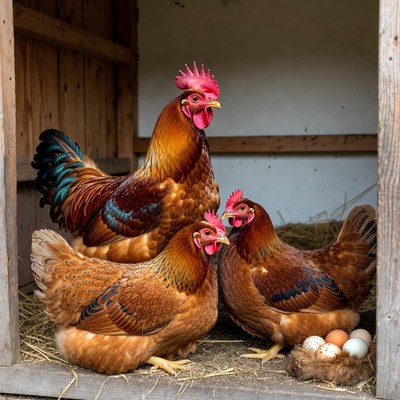 Three Chickens with Eggs in Coop