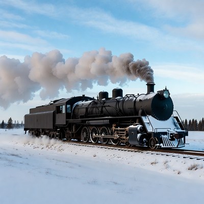 Black steam train snowy tracks