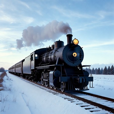 Steam locomotive train in snowy landscape