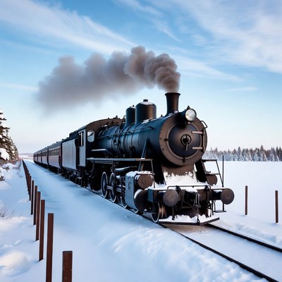Black steam train snowy tracks