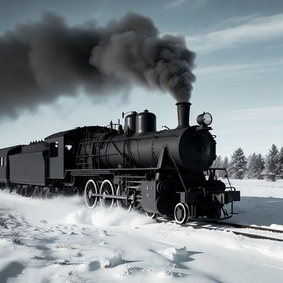 Black Steam Locomotive in Snow