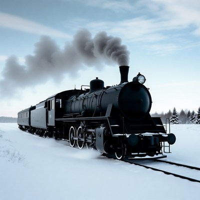 Steam locomotive train in snowy landscape