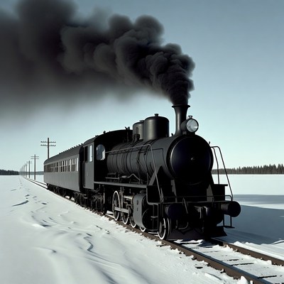 Black Steam Locomotive in Snow