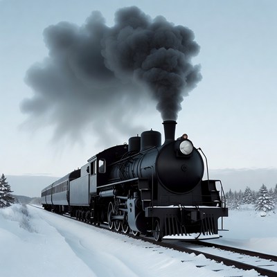Steam train in snowy landscape