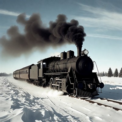 Steam locomotive train in snowy landscape