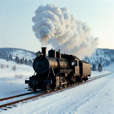 Steam train snowy mountain landscape