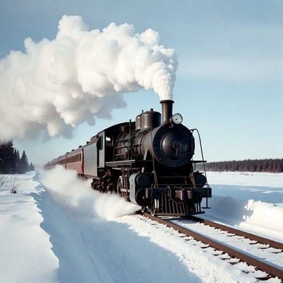 Steam locomotive train snowy tracks