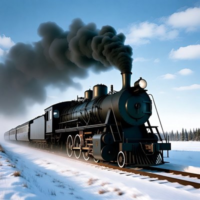 Black Steam Train in Snowy Landscape