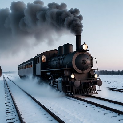 Black Steam Locomotive in Snowy Landscape